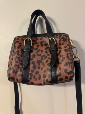 Fossil Leopard Print Mini Satchel Handbag with Black Trim